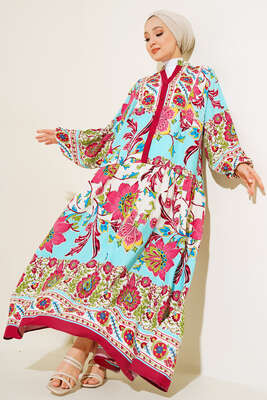 Desenli Düğme Patlı Viskon Elbise Bordo Turkuaz - Tesettür Elbise