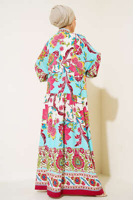 Desenli Düğme Patlı Viskon Elbise Bordo Turkuaz - Tesettür Elbise