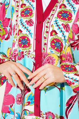 Desenli Düğme Patlı Viskon Elbise Bordo Turkuaz - Tesettür Elbise