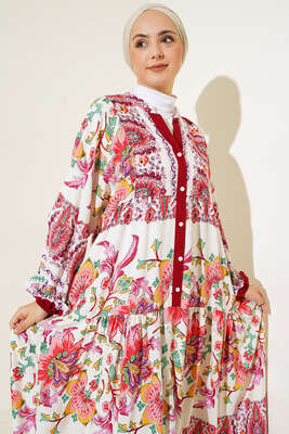 Desenli Düğme Patlı Viskon Elbise Burgonya - Tesettür Elbise