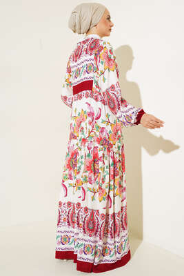 Desenli Düğme Patlı Viskon Elbise Burgonya - Tesettür Elbise