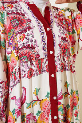 Desenli Düğme Patlı Viskon Elbise Burgonya - Tesettür Elbise