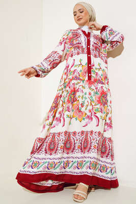 Desenli Düğme Patlı Viskon Elbise Burgonya 