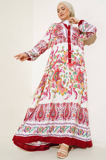 Desenli Düğme Patlı Viskon Elbise Burgonya - Tesettür Elbise