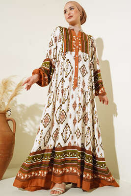 Desenli Düğme Patlı Viskon Elbise Kahve - Tesettür Elbise