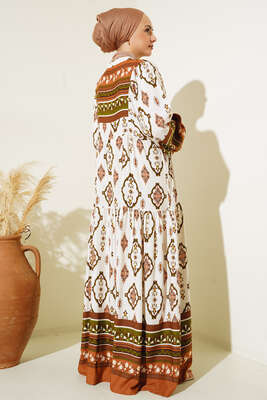 Desenli Düğme Patlı Viskon Elbise Kahve - Tesettür Elbise