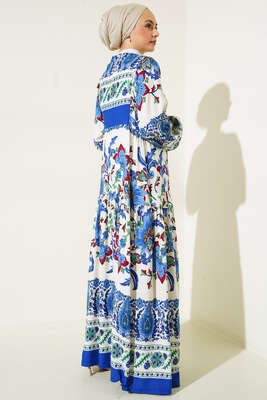 Desenli Düğme Patlı Viskon Elbise Mavi Bordo - Tesettür Elbise