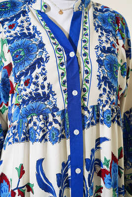 Desenli Düğme Patlı Viskon Elbise Mavi Bordo - Tesettür Elbise