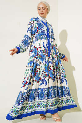 Desenli Düğme Patlı Viskon Elbise Mavi Bordo 