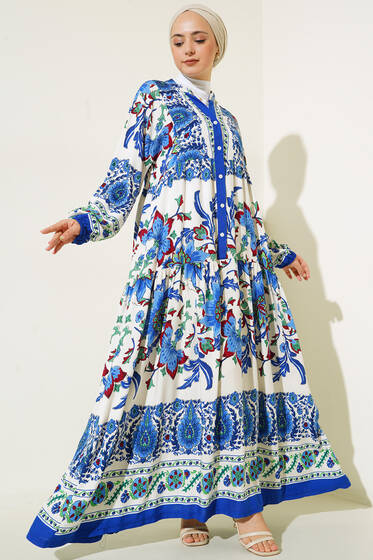 Desenli Düğme Patlı Viskon Elbise Mavi Bordo - Tesettür Elbise