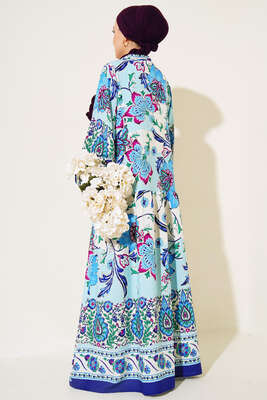 Desenli Düğme Patlı Viskon Elbise Mavi Fuşya - Tesettür Elbise