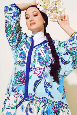 Desenli Düğme Patlı Viskon Elbise Mavi Fuşya - Tesettür Elbise