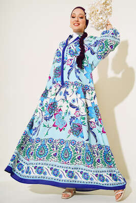 Desenli Düğme Patlı Viskon Elbise Mavi Fuşya 