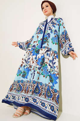 Desenli Düğme Patlı Viskon Elbise Mavi Kahve 