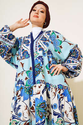 Desenli Düğme Patlı Viskon Elbise Mavi Kahve - Tesettür Elbise