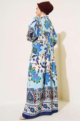 Desenli Düğme Patlı Viskon Elbise Mavi Kahve - Tesettür Elbise