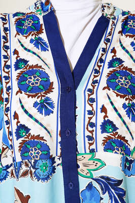 Desenli Düğme Patlı Viskon Elbise Mavi Kahve - Tesettür Elbise