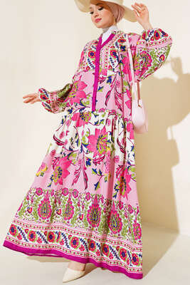 Desenli Düğme Patlı Viskon Elbise Menekşe 