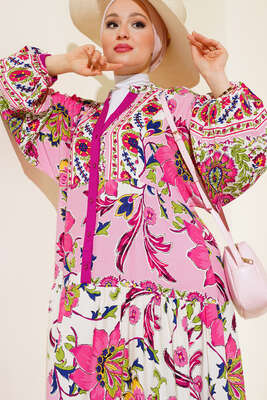 Desenli Düğme Patlı Viskon Elbise Menekşe - Tesettür Elbise