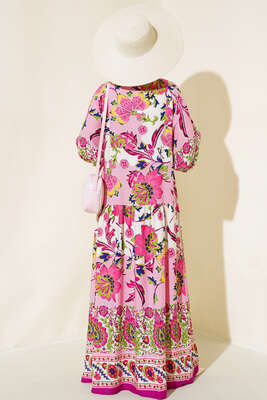 Desenli Düğme Patlı Viskon Elbise Menekşe - Tesettür Elbise