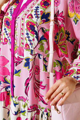 Desenli Düğme Patlı Viskon Elbise Menekşe - Tesettür Elbise