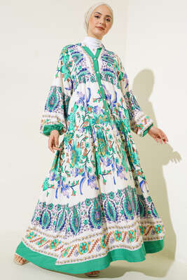 Desenli Düğme Patlı Viskon Elbise Mint 