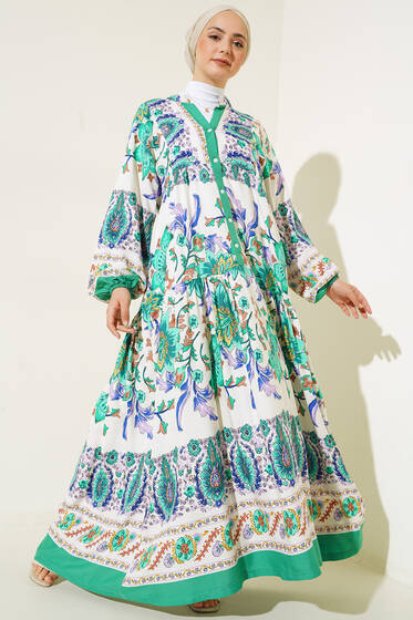 Desenli Düğme Patlı Viskon Elbise Mint - Tesettür Elbise
