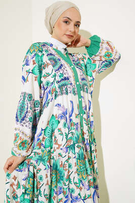 Desenli Düğme Patlı Viskon Elbise Mint - Tesettür Elbise