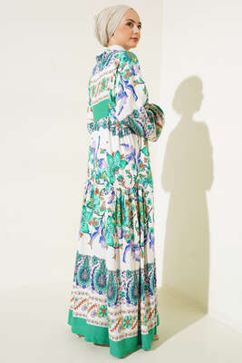 Desenli Düğme Patlı Viskon Elbise Mint - Tesettür Elbise