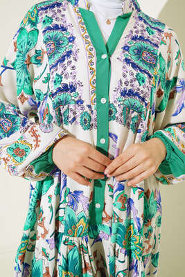 Desenli Düğme Patlı Viskon Elbise Mint - Tesettür Elbise