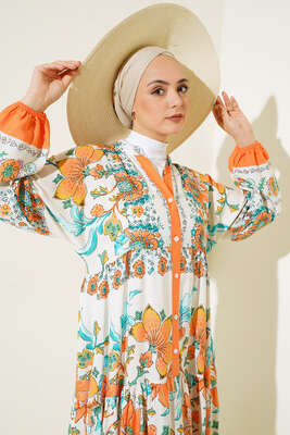 Desenli Düğme Patlı Viskon Elbise Oranj - Tesettür Elbise