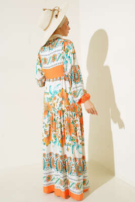 Desenli Düğme Patlı Viskon Elbise Oranj - Tesettür Elbise