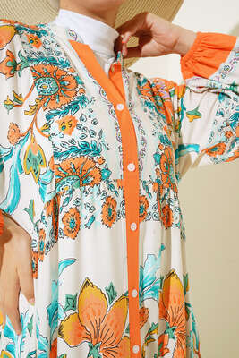 Desenli Düğme Patlı Viskon Elbise Oranj - Tesettür Elbise