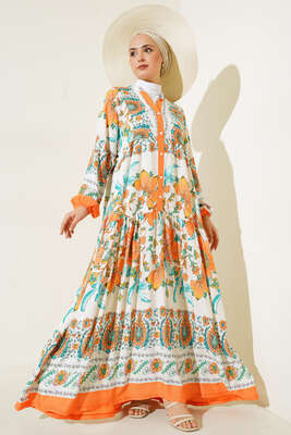 Desenli Düğme Patlı Viskon Elbise Oranj 