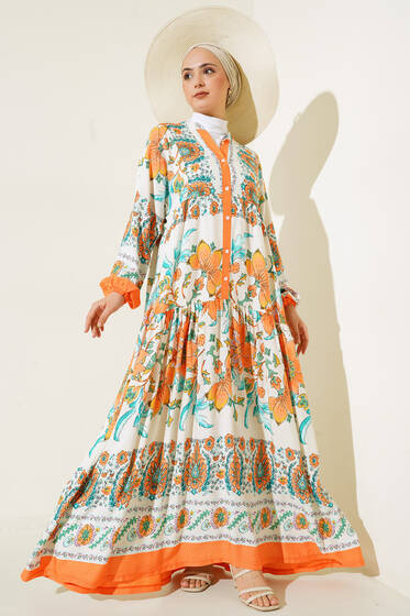 Desenli Düğme Patlı Viskon Elbise Oranj - Tesettür Elbise