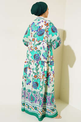 Desenli Düğme Patlı Viskon Elbise Pers Yeşil - Tesettür Elbise