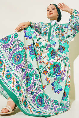 Desenli Düğme Patlı Viskon Elbise Pers Yeşil - Tesettür Elbise