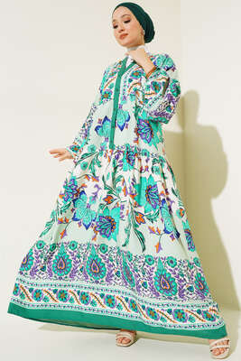 Desenli Düğme Patlı Viskon Elbise Pers Yeşil - Tesettür Elbise