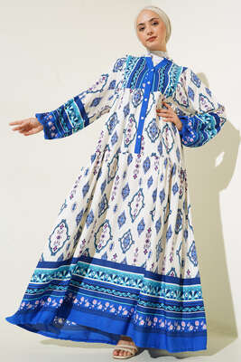 Desenli Düğme Patlı Viskon Elbise Saks 