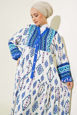 Desenli Düğme Patlı Viskon Elbise Saks - Tesettür Elbise