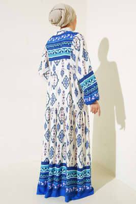 Desenli Düğme Patlı Viskon Elbise Saks - Tesettür Elbise