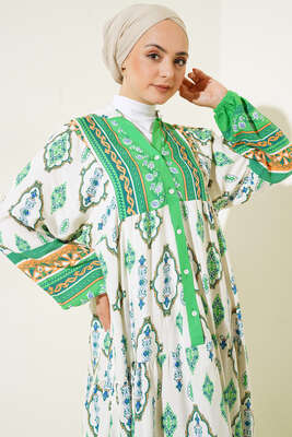 Desenli Düğme Patlı Viskon Elbise Yeşil - Tesettür Elbise