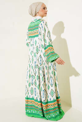 Desenli Düğme Patlı Viskon Elbise Yeşil - Tesettür Elbise