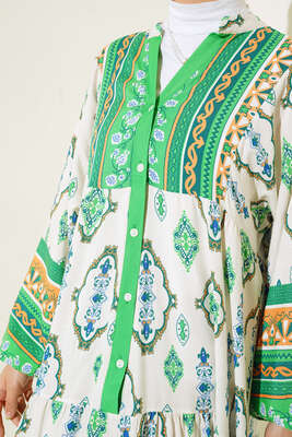 Desenli Düğme Patlı Viskon Elbise Yeşil - Tesettür Elbise