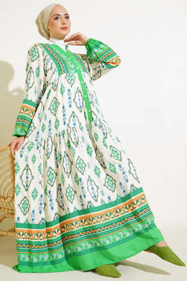 Desenli Düğme Patlı Viskon Elbise Yeşil 