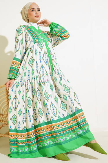 Desenli Düğme Patlı Viskon Elbise Yeşil - Tesettür Elbise