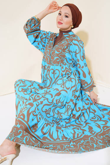 Desenli Düğmeli Elbise Mavi - Tesettür Elbise