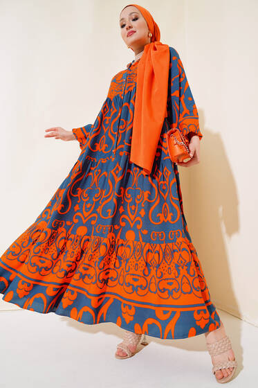 Desenli Düğmeli Elbise Oranj - Tesettür Elbise