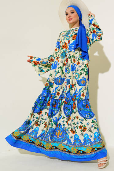 Desenli Düğmeli Kat Elbise Ekru Saks - Tesettür Elbise