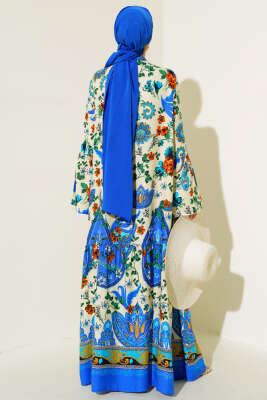 Desenli Düğmeli Kat Elbise Ekru Saks - Tesettür Elbise